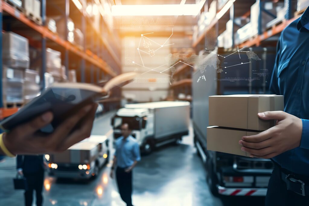 Logistics and Delivery A Man Holding Packages in a Warehouse with a Blurred Background of Delivery Trucks.