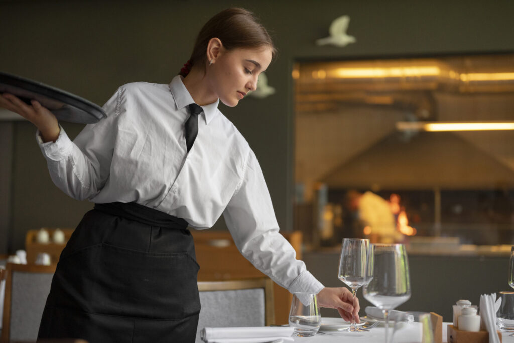 Medium shot woman working luxury restaurant