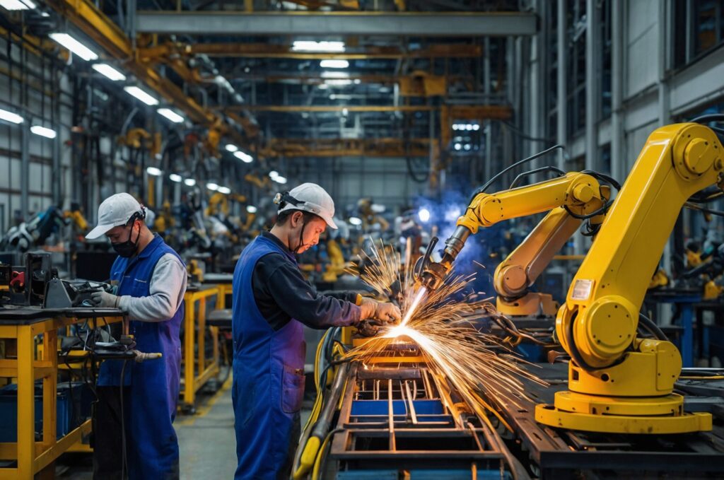 Robotic arms welding assembling automotive factories